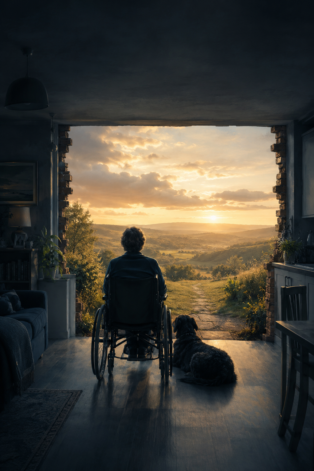 A wheelchair user and their dog looking from an ordinary home into an open sunlit landscape